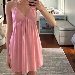 Superdown Halter Light Pink Shimmer Mini Dress with Tie Neck and Scoop Back, XS